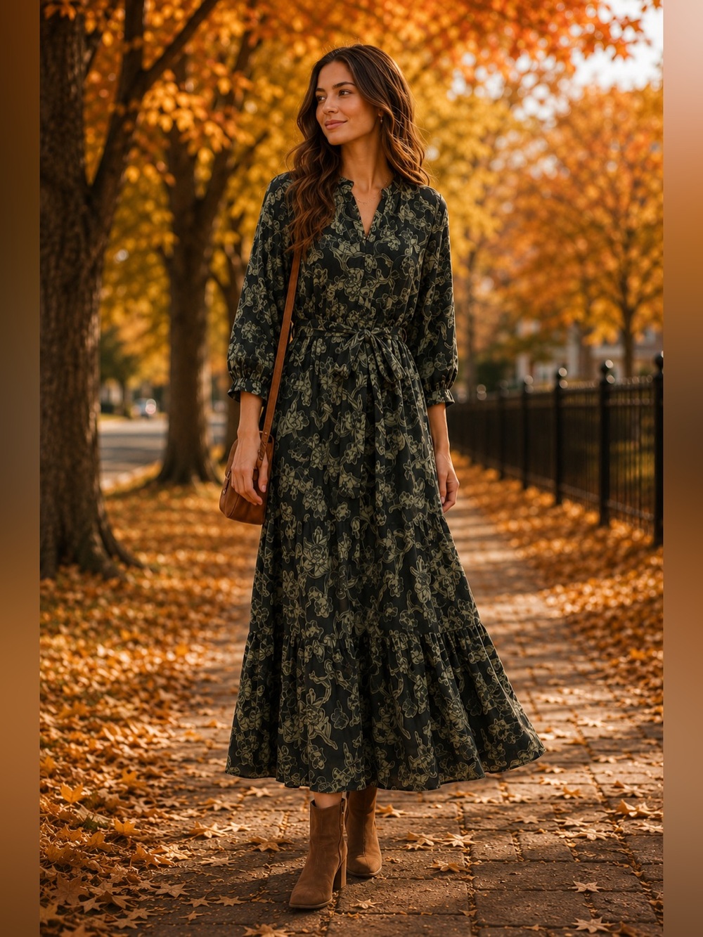 Moon River Olive Green Floral Sheer Overlay Tiered Maxi Dress L